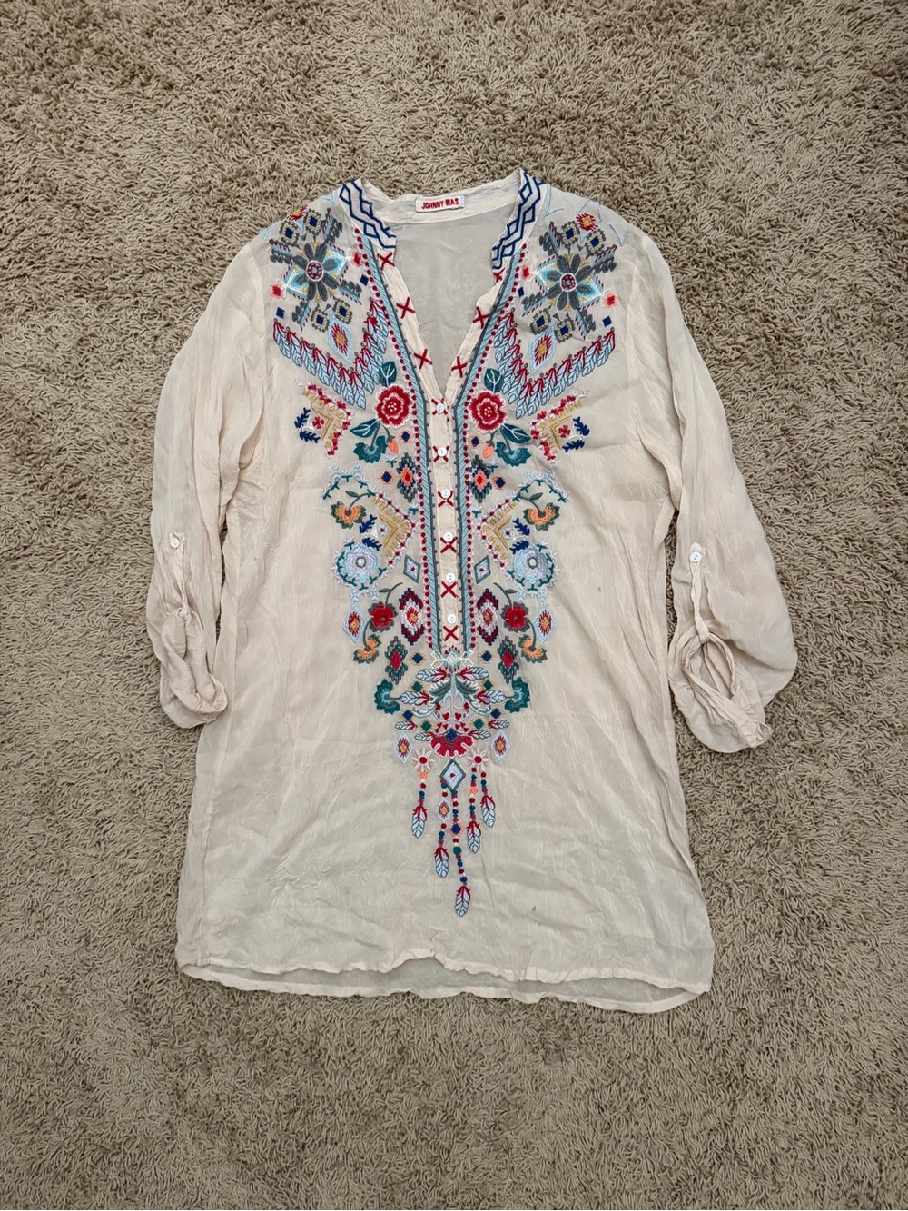 Johnny Was Chayanna Blouse Embroidered Tunic Native Top Boho Size Medium Beige